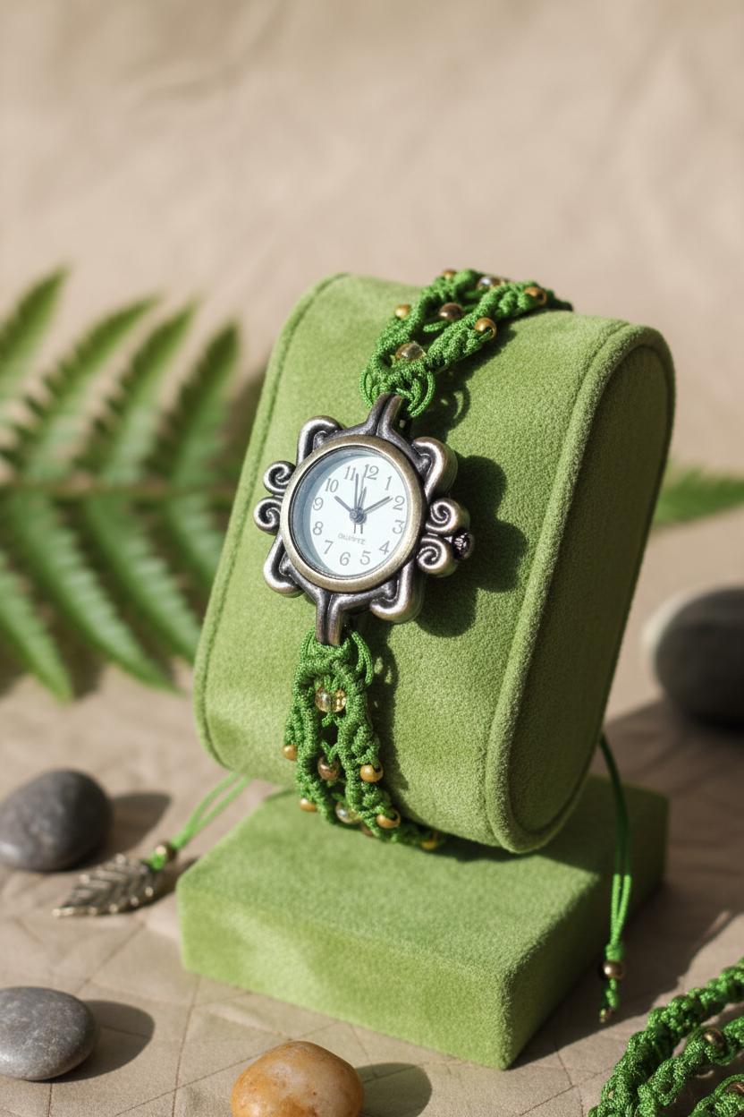 Boho Macramé Watch – Handmade Green Bracelet Watch with Silver Leaf Charm | Adjustable Fit | Nature-Inspired Gift for Her