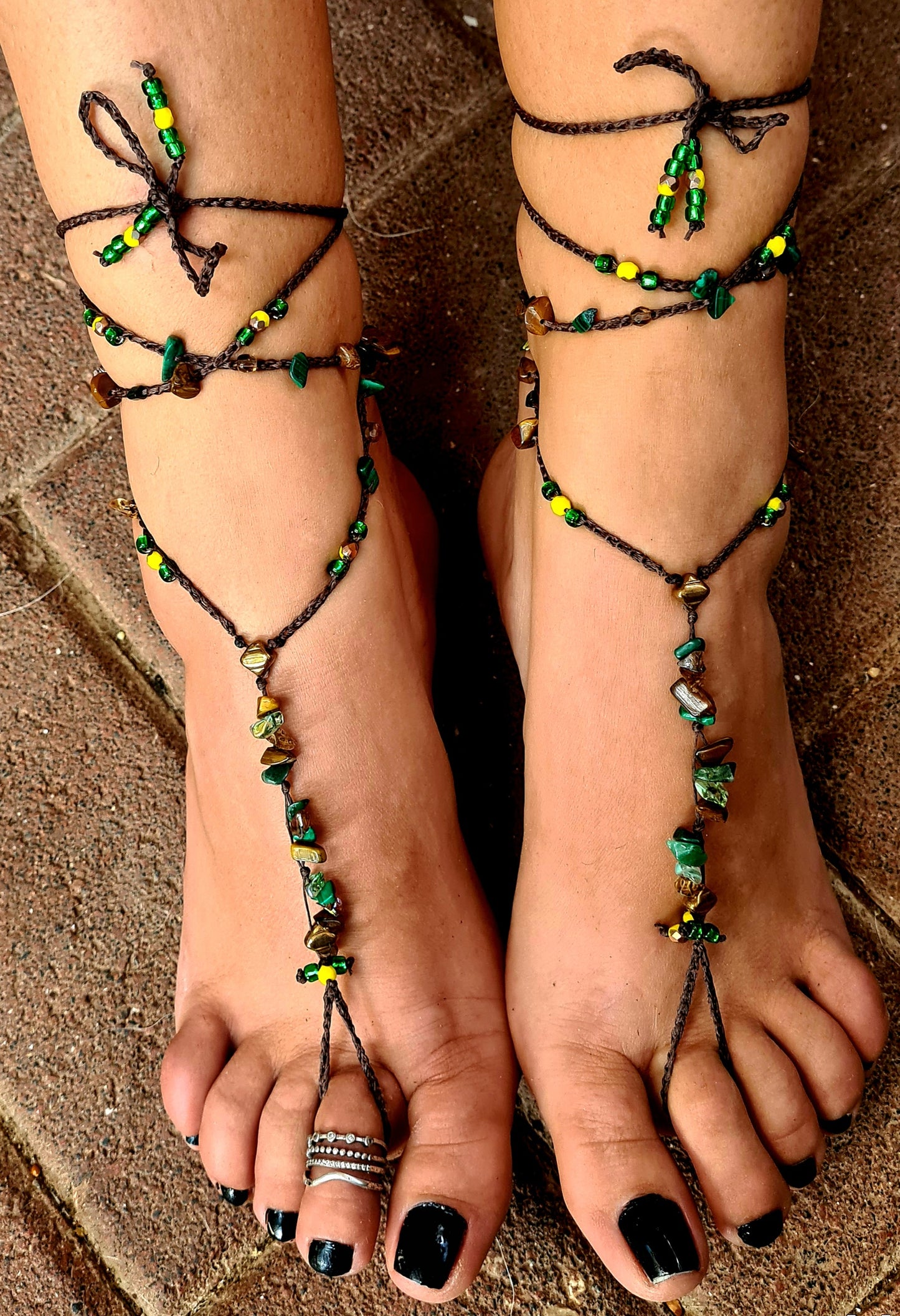 Unisex Handmade Barefoot Sandals – Brown Cord with Green, Gold & Tiger Eye Stone Accents