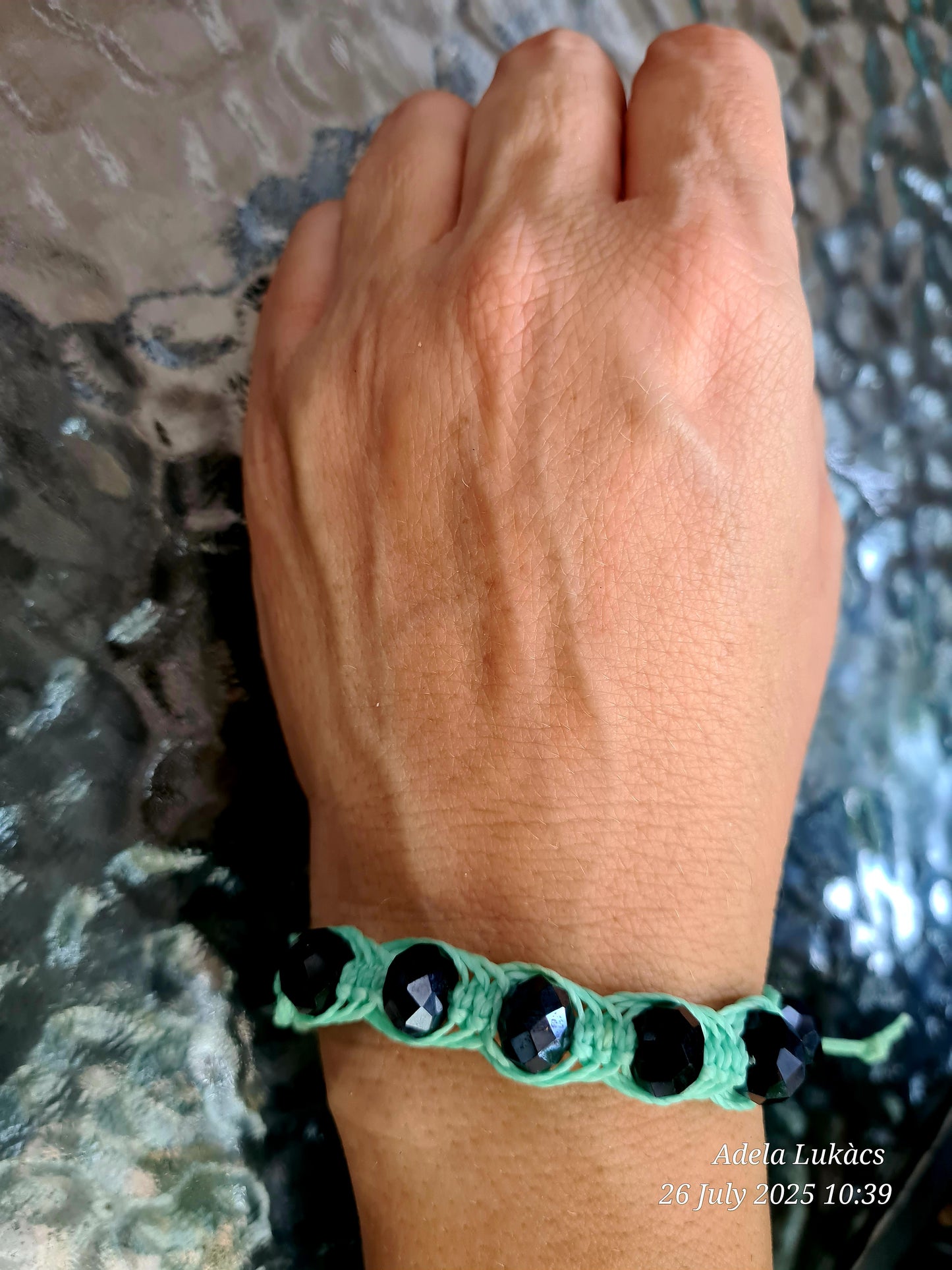 Men’s Handmade Black Glass Bead Bracelet – Faceted Beads & Aqua Cord – Boho Summer Jewelry