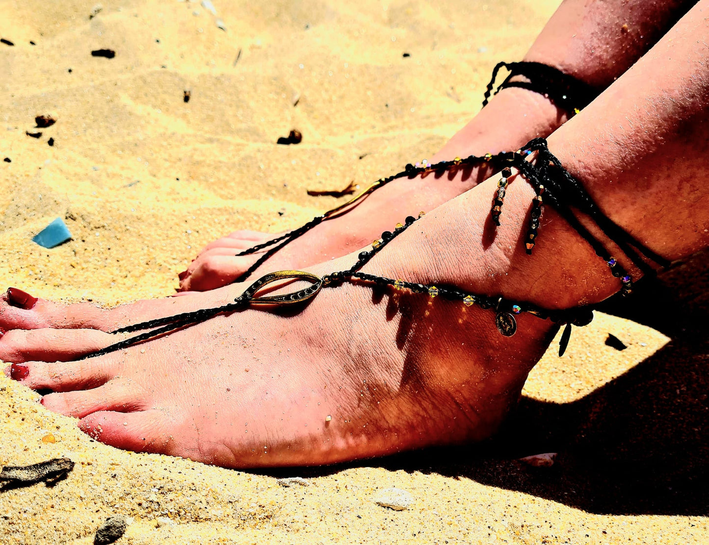 Solar Kiss – Barefoot Sandals with Gold Shell Charms & Black Cord