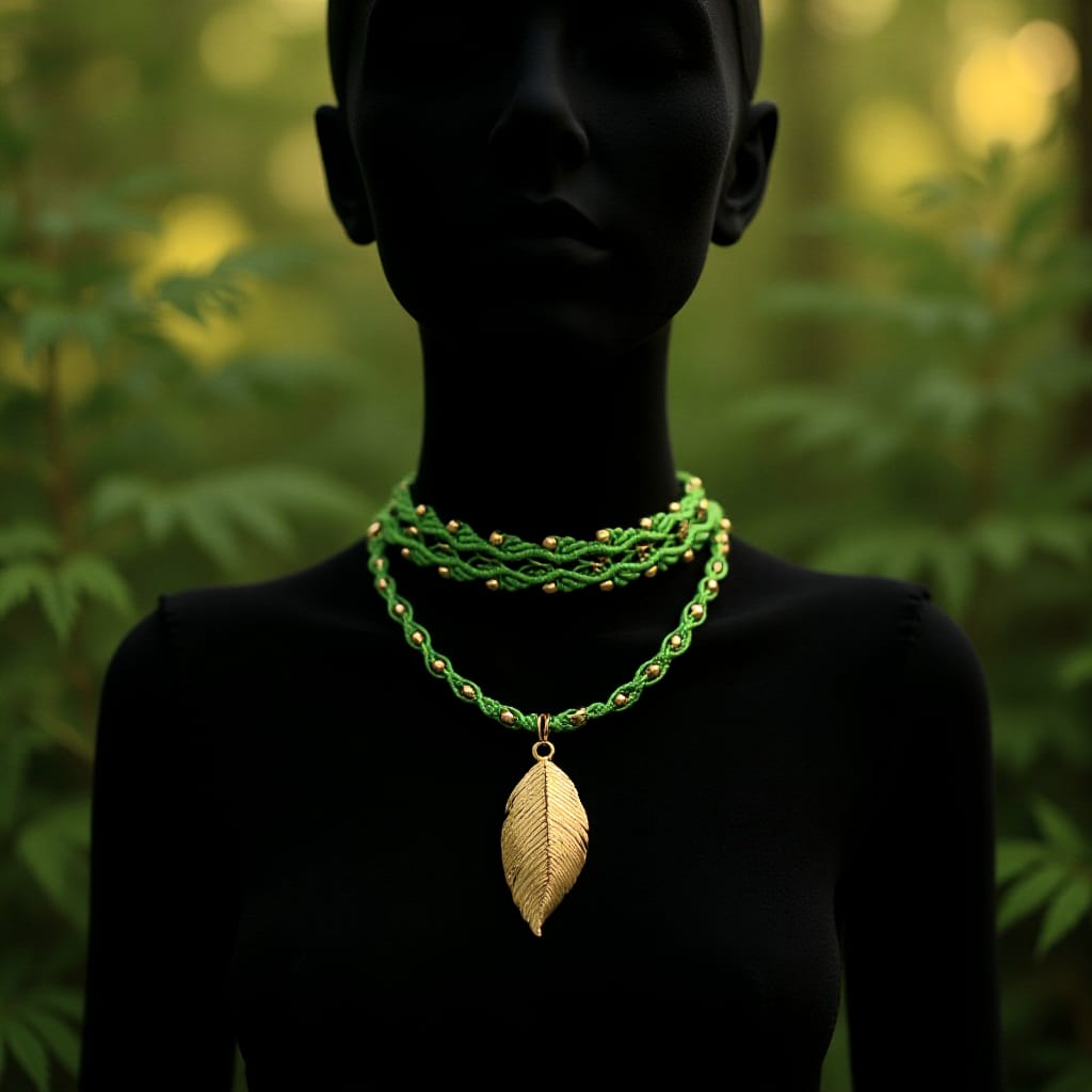 Enchanted Forest Choker ā Green Macrame with Gold Leaf Pendant