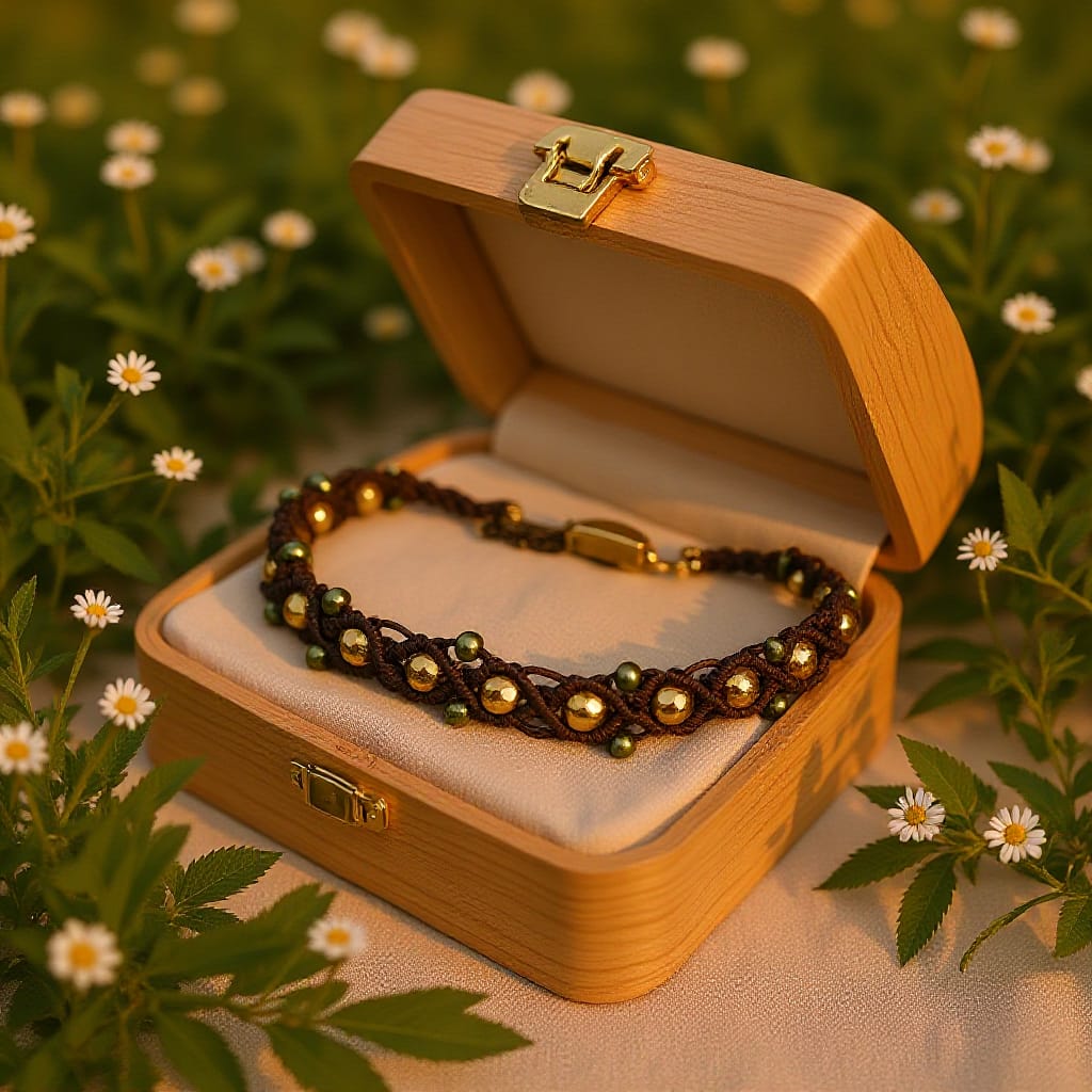 Earth-Toned Macramé Bracelet with Amber Swarovski Crystals & Green Accents – Boho Nature-Inspired Jewelry