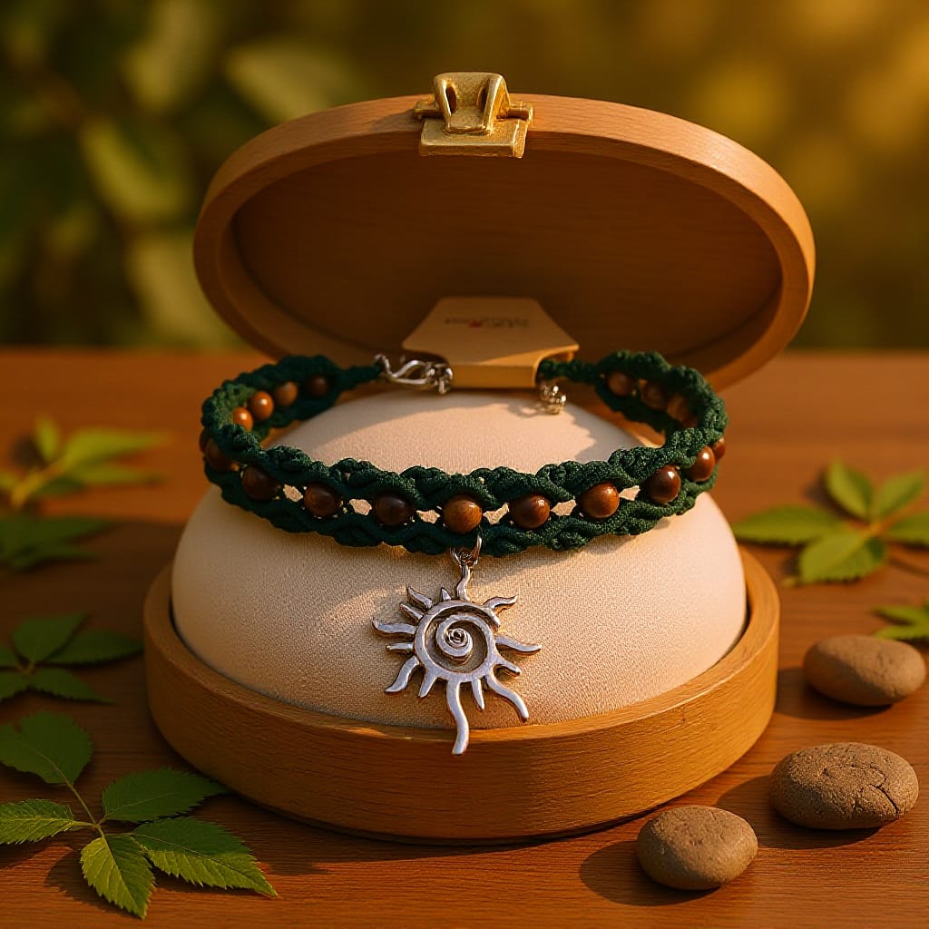 Boho Green Macramé Choker with Tiger's Eye gems and Sun Pendant – Handmade Festival Necklace