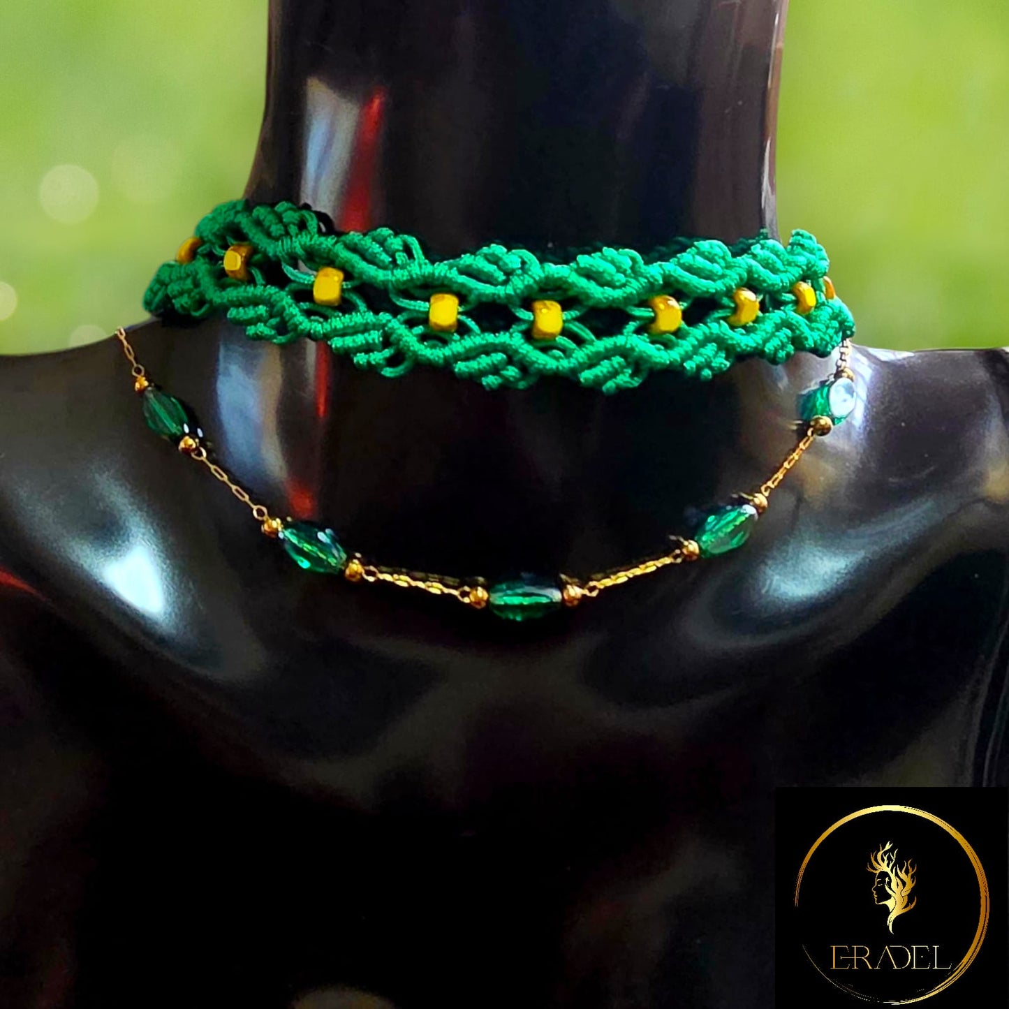 “Verdant Harmony” Handcrafted Macramé Choker with Yellow Accents & Emerald Glass Beads – Eradel Collection