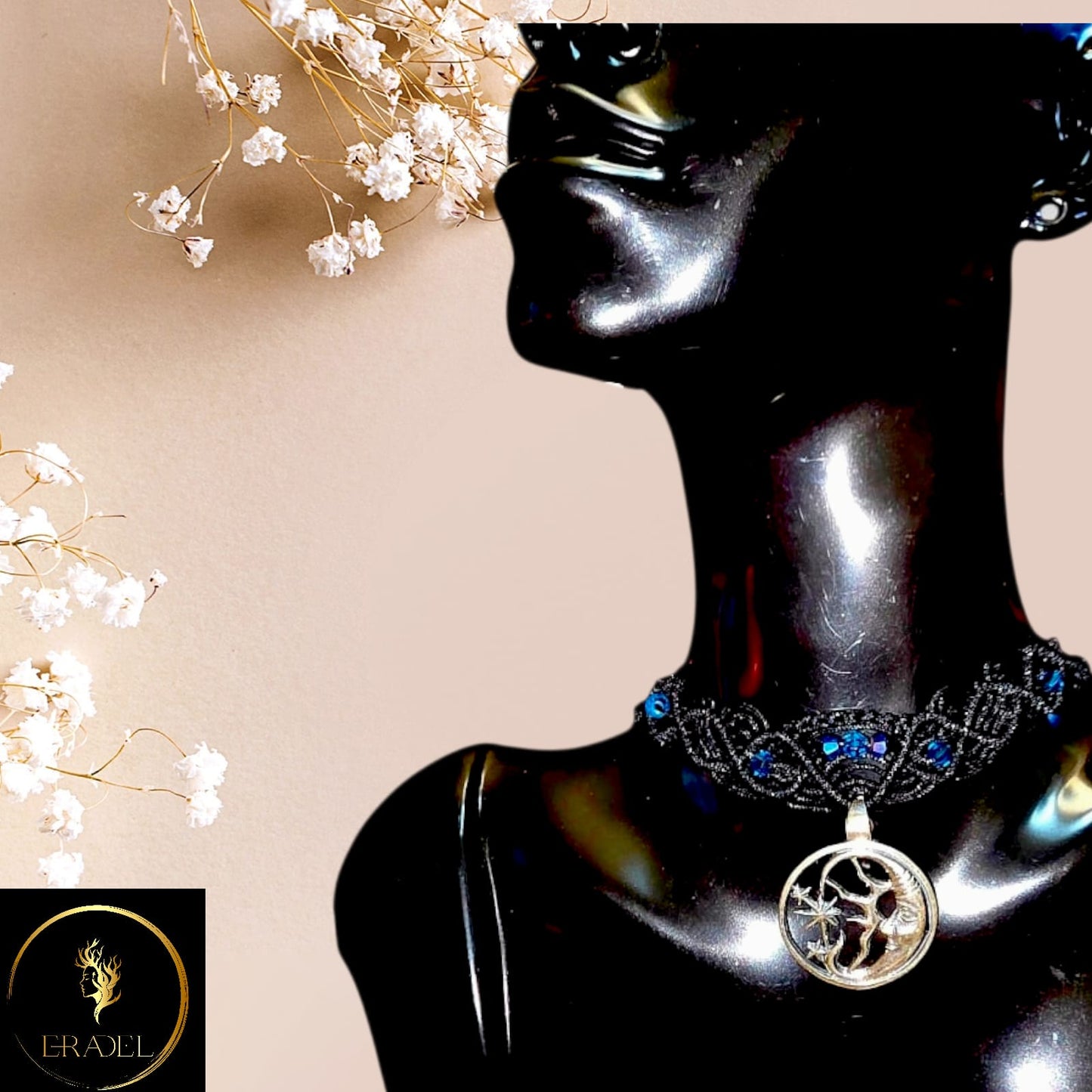 Midnight Forest Choker – Handmade Silk Cord Necklace with Crystal Beads & 925 Silver Tree Pendant