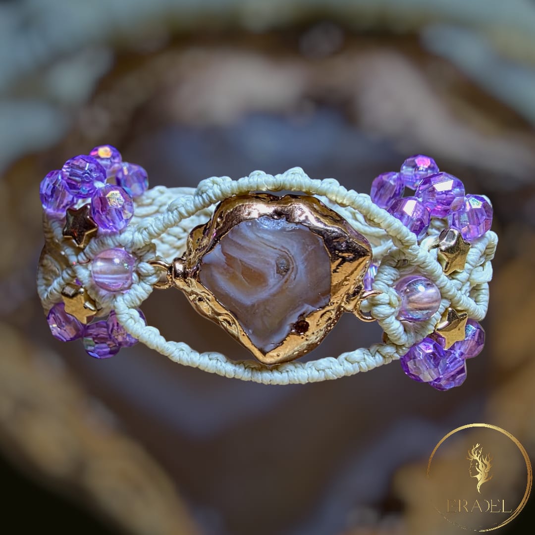 Handmade Druzy Agate Macrame Bracelet – Boho Off-White Cord with AB Crystal Beads & Star Accents