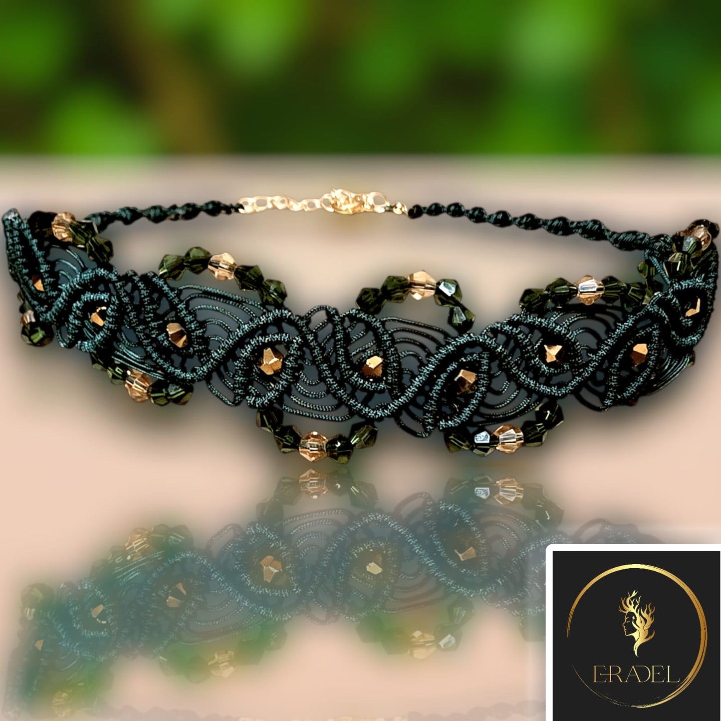 Handmade Green Macramé Choker with Crystal Beads – Adjustable Boho Necklace