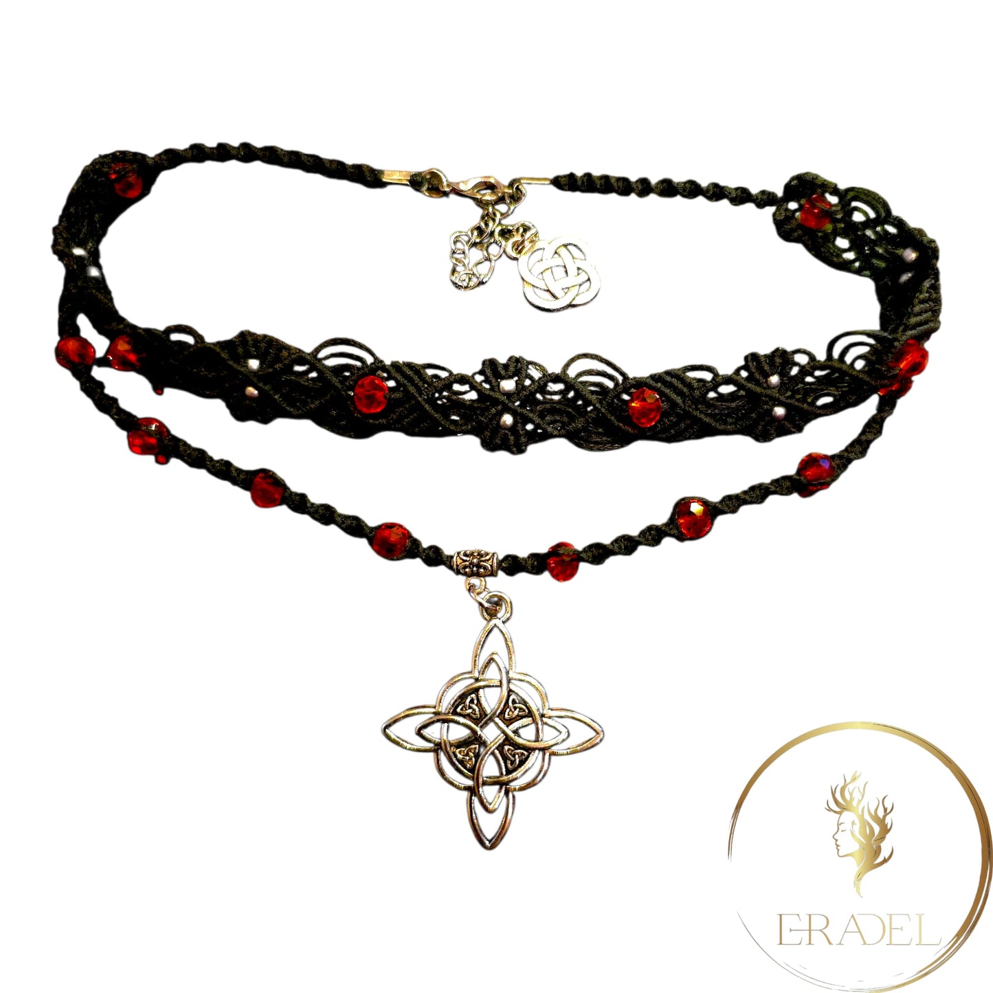 Celtic Charm Double-Strand Choker with Red Crystal Beads – Handmade Boho Necklace