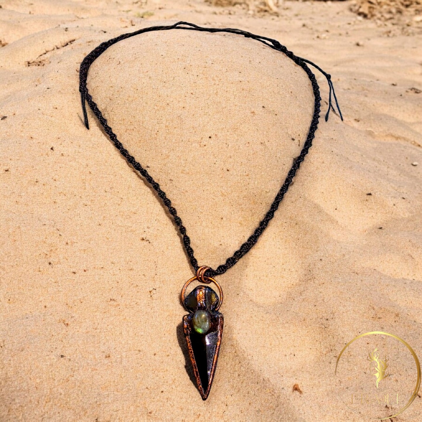 Handmade Men's Necklace with Labradorite Stone | Tribal Arrow Pendant | Copper Electroformed Crystal Necklace