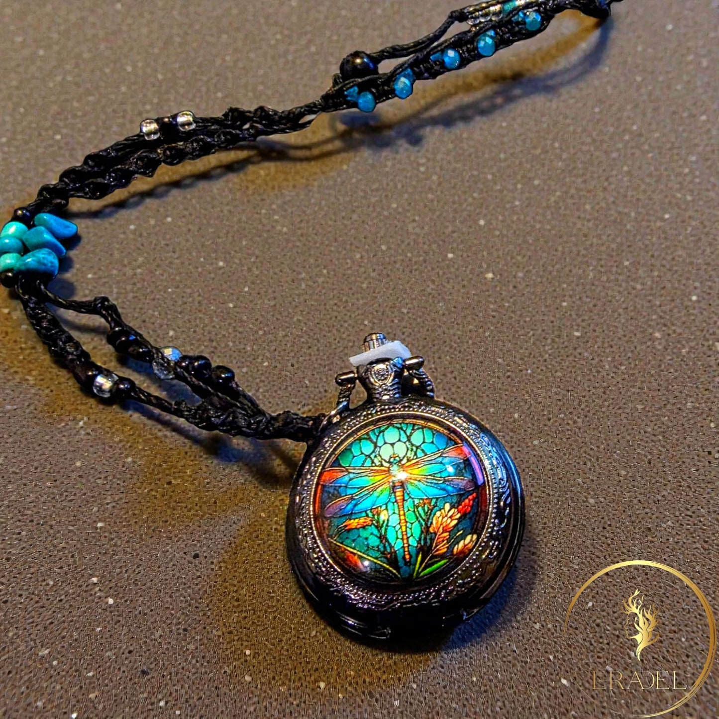 Dragonfly Watch Pendant Necklace with Natural Gemstones – Handmade Boho Statement Jewelry for Women
