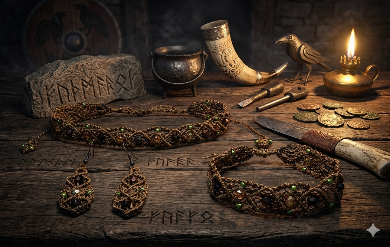 Handmade Viking Shieldmaiden Jewelry Set – Macrame Choker, Bracelet, Earrings & Barefoot Sandal with Gemstones and Swarovsky Crystals
