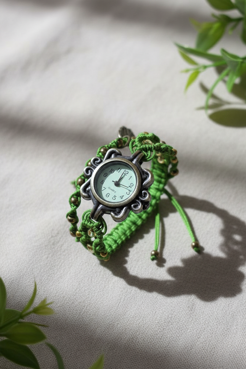 Boho Macramé Watch – Handmade Green Bracelet Watch with Silver Leaf Charm | Adjustable Fit | Nature-Inspired Gift for Her
