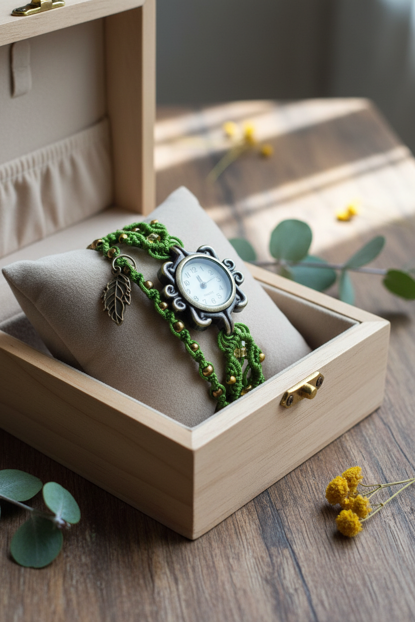 Boho Macramé Watch – Handmade Green Bracelet Watch with Silver Leaf Charm | Adjustable Fit | Nature-Inspired Gift for Her