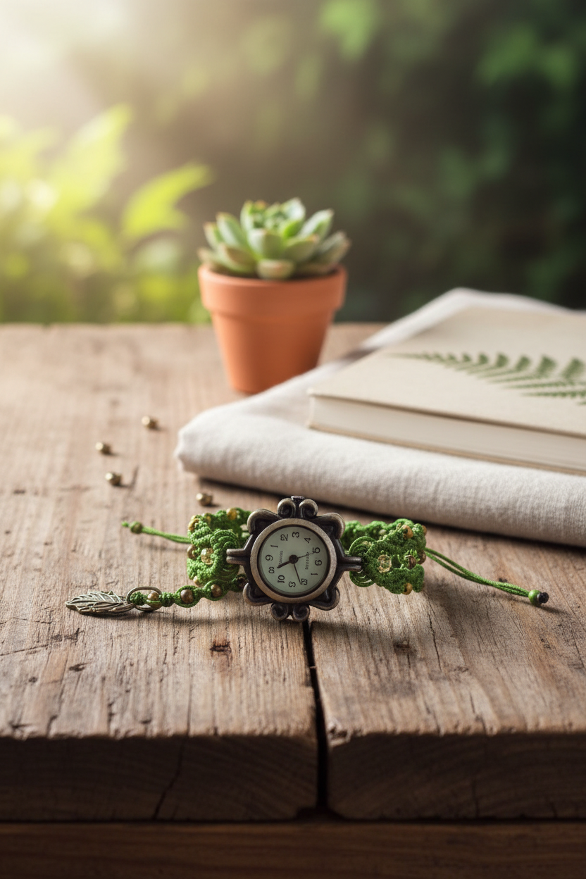 Boho Macramé Watch – Handmade Green Bracelet Watch with Silver Leaf Charm | Adjustable Fit | Nature-Inspired Gift for Her