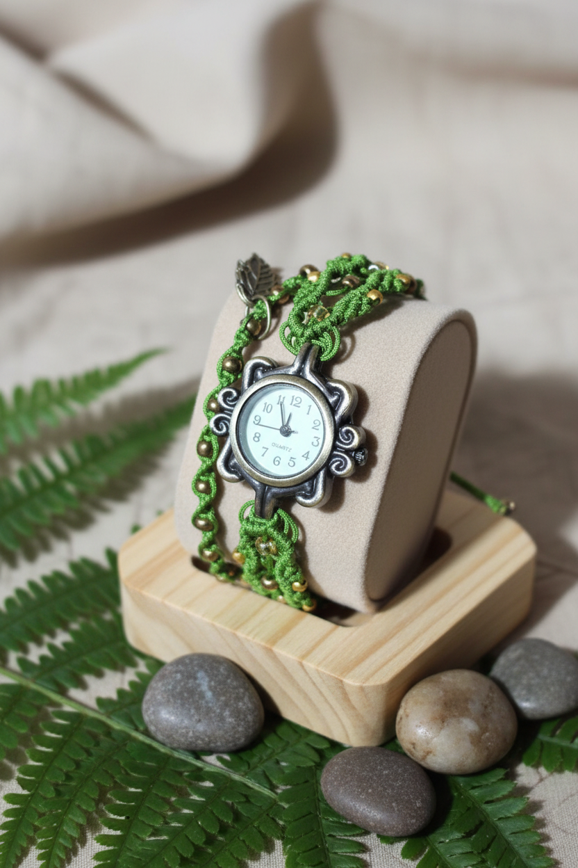 Boho Macramé Watch – Handmade Green Bracelet Watch with Silver Leaf Charm | Adjustable Fit | Nature-Inspired Gift for Her