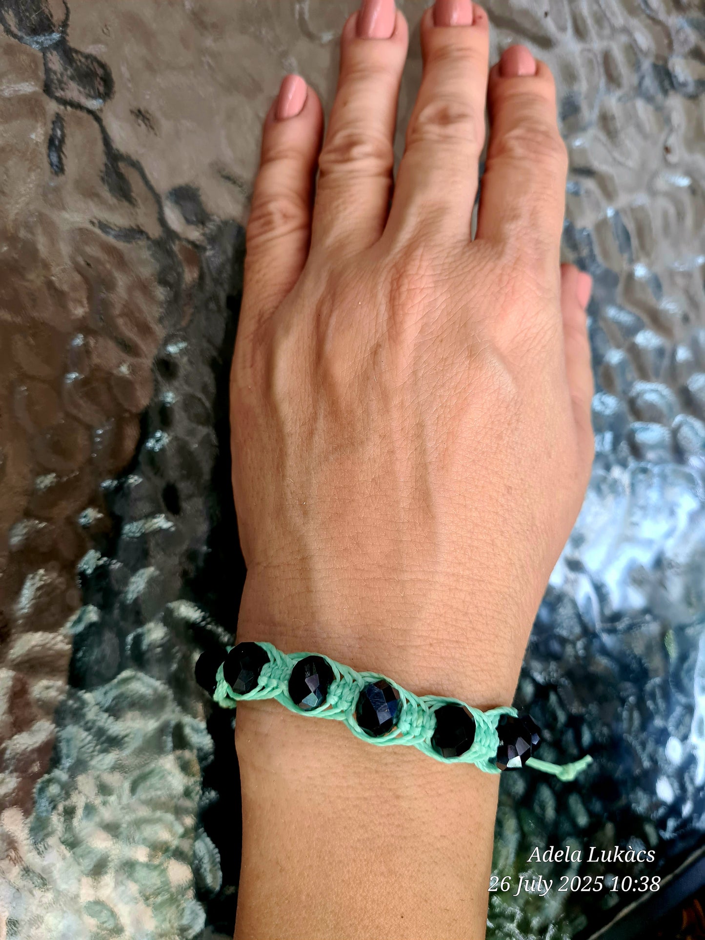 Men’s Handmade Black Glass Bead Bracelet – Faceted Beads & Aqua Cord – Boho Summer Jewelry