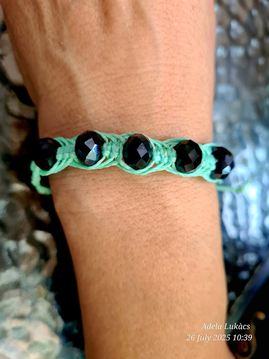 Men’s Handmade Black Glass Bead Bracelet – Faceted Beads & Aqua Cord – Boho Summer Jewelry