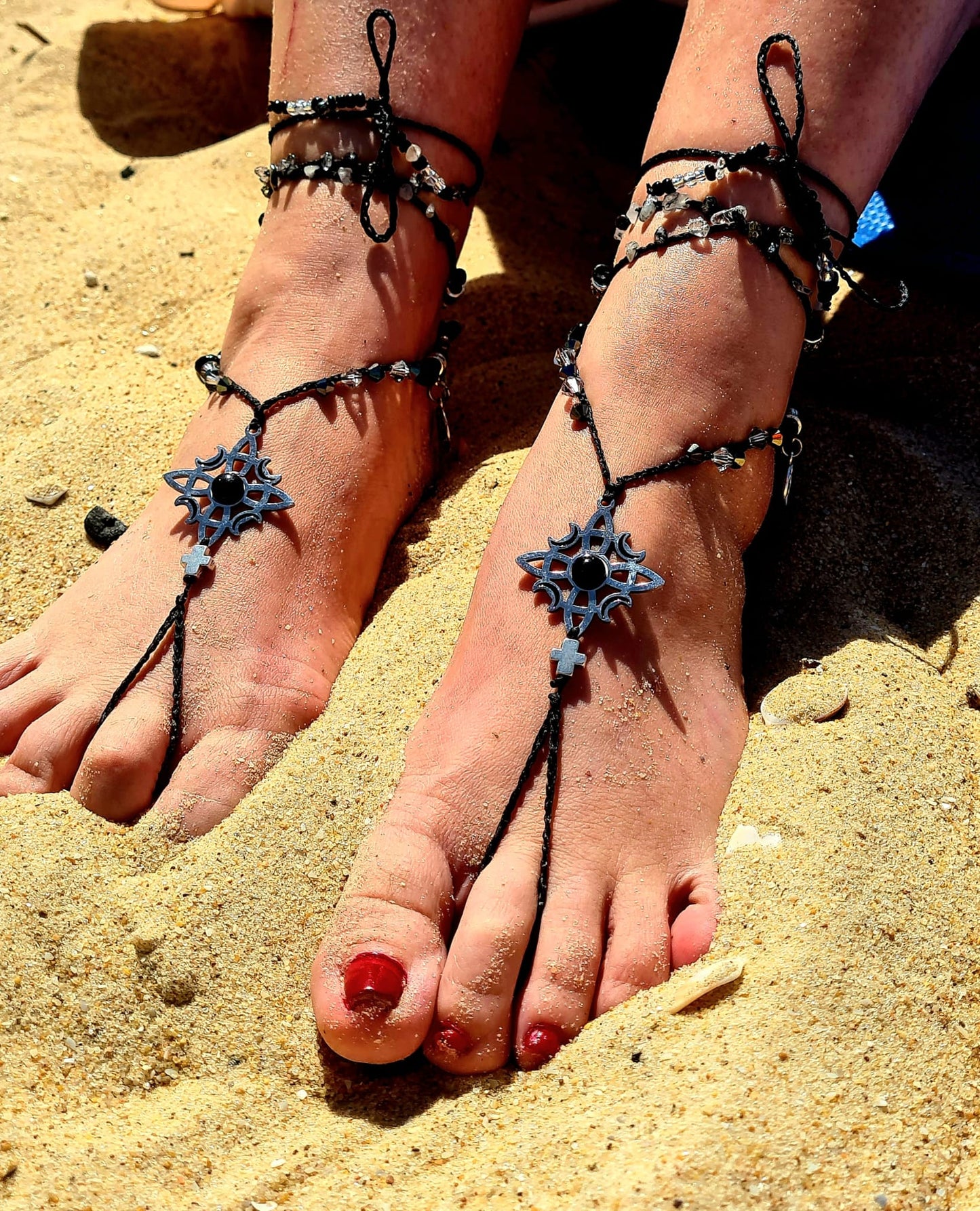 Handmade Wooden Infinity Knot Beaded Barefoot Sandals– Minimalist Natural Cord – Earthy Summer Style