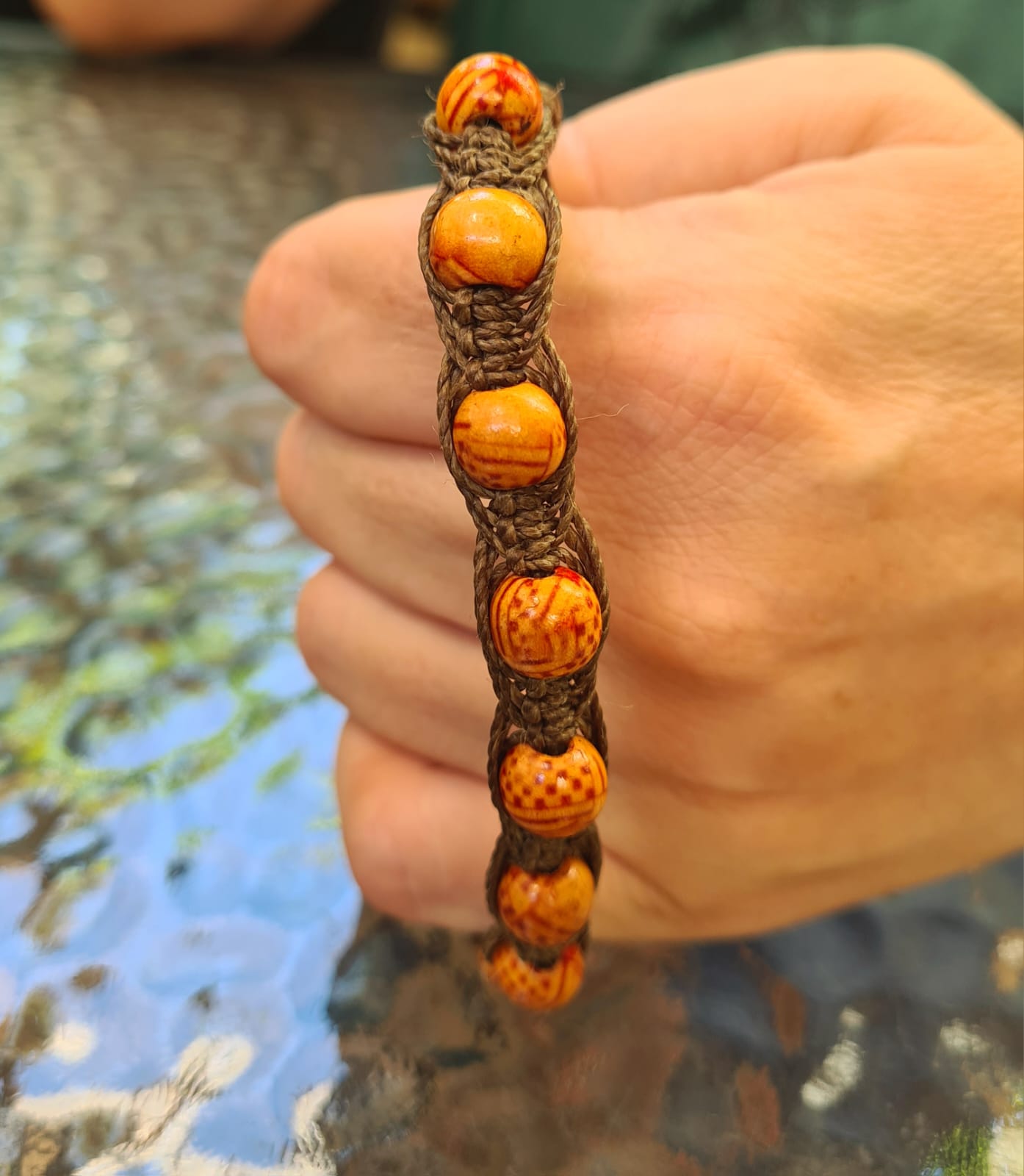 Men’s Handmade Wooden Bead Bracelet – Natural Brown Macramé – Earthy Boho Style