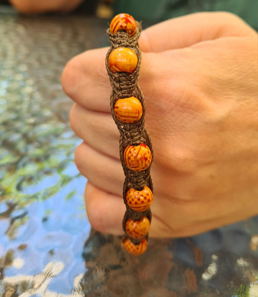 Men’s Handmade Wooden Bead Bracelet – Natural Brown Macramé – Earthy Boho Style