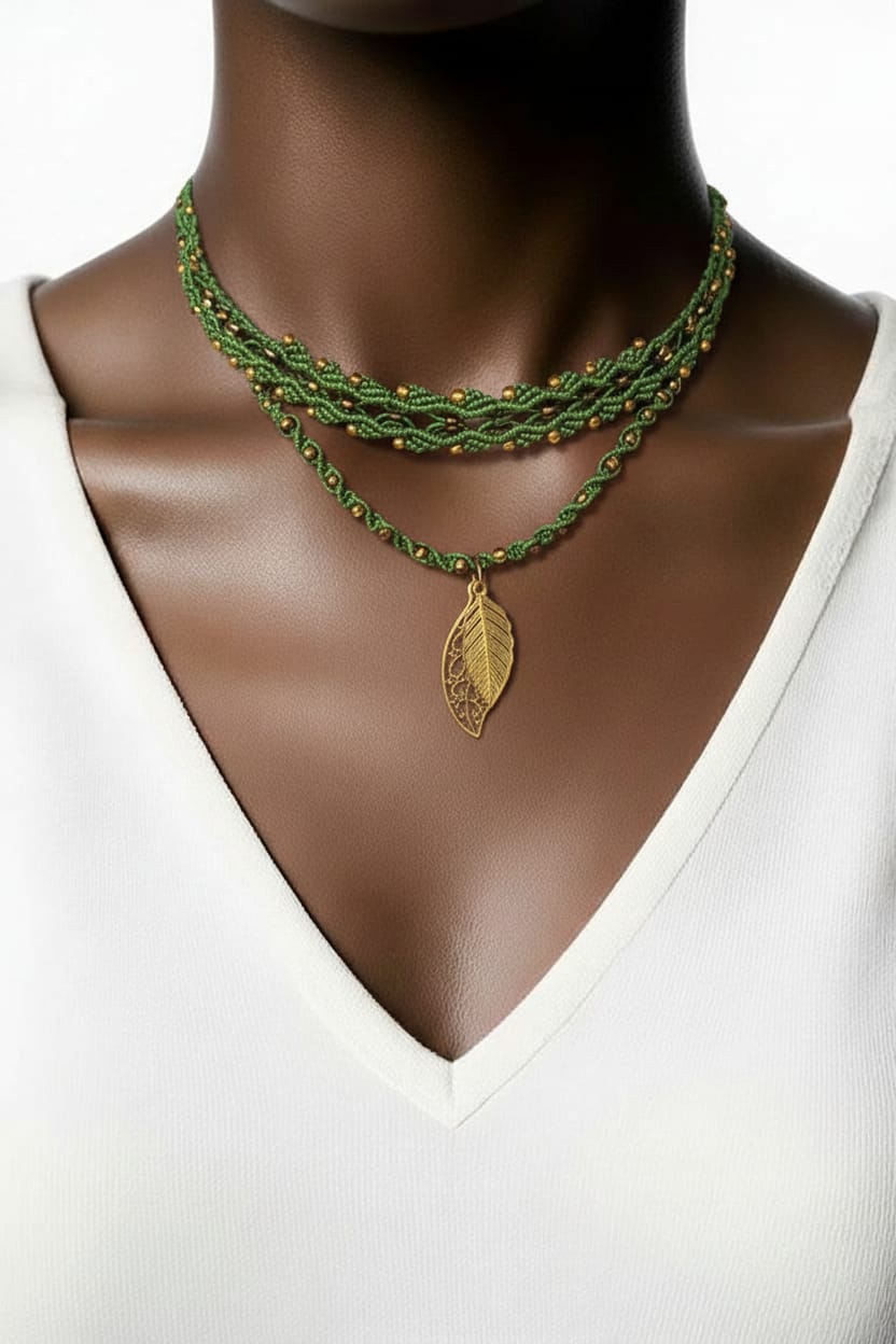 Enchanted Forest Choker – Green Macrame with Gold Leaf Pendant