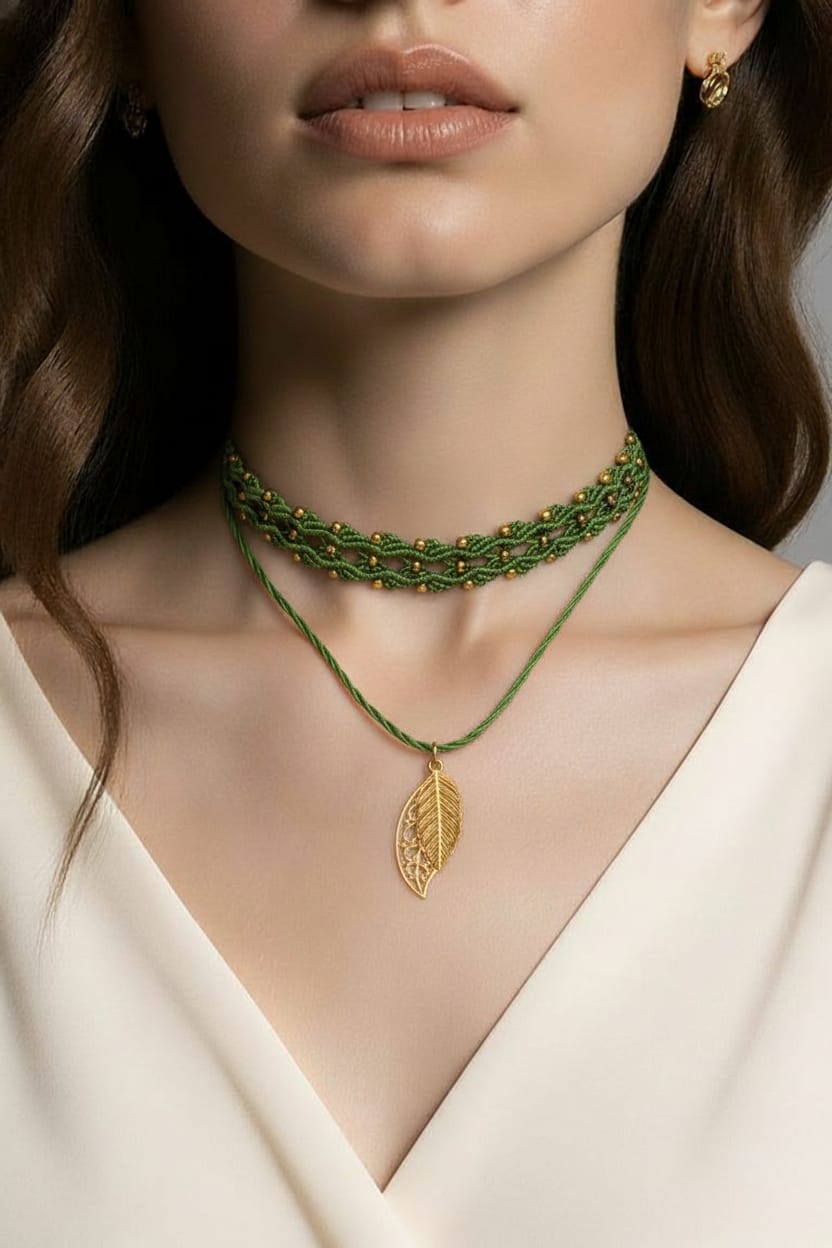 Enchanted Forest Choker – Green Macrame with Gold Leaf Pendant