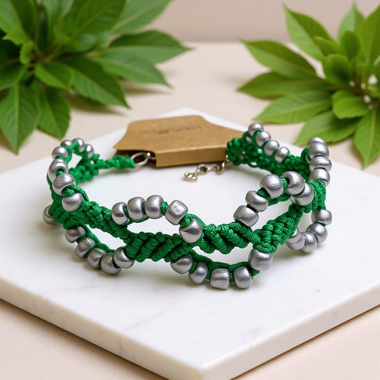 Green Macrame Bracelet with Silver Beads – Nature-Inspired Boho Chic