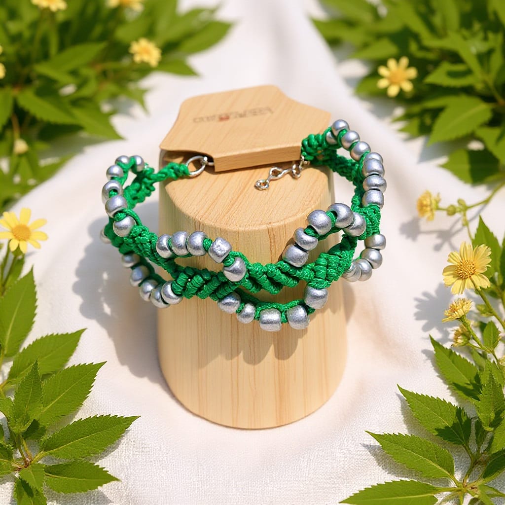 Green Macrame Bracelet with Silver Beads – Nature-Inspired Boho Chic