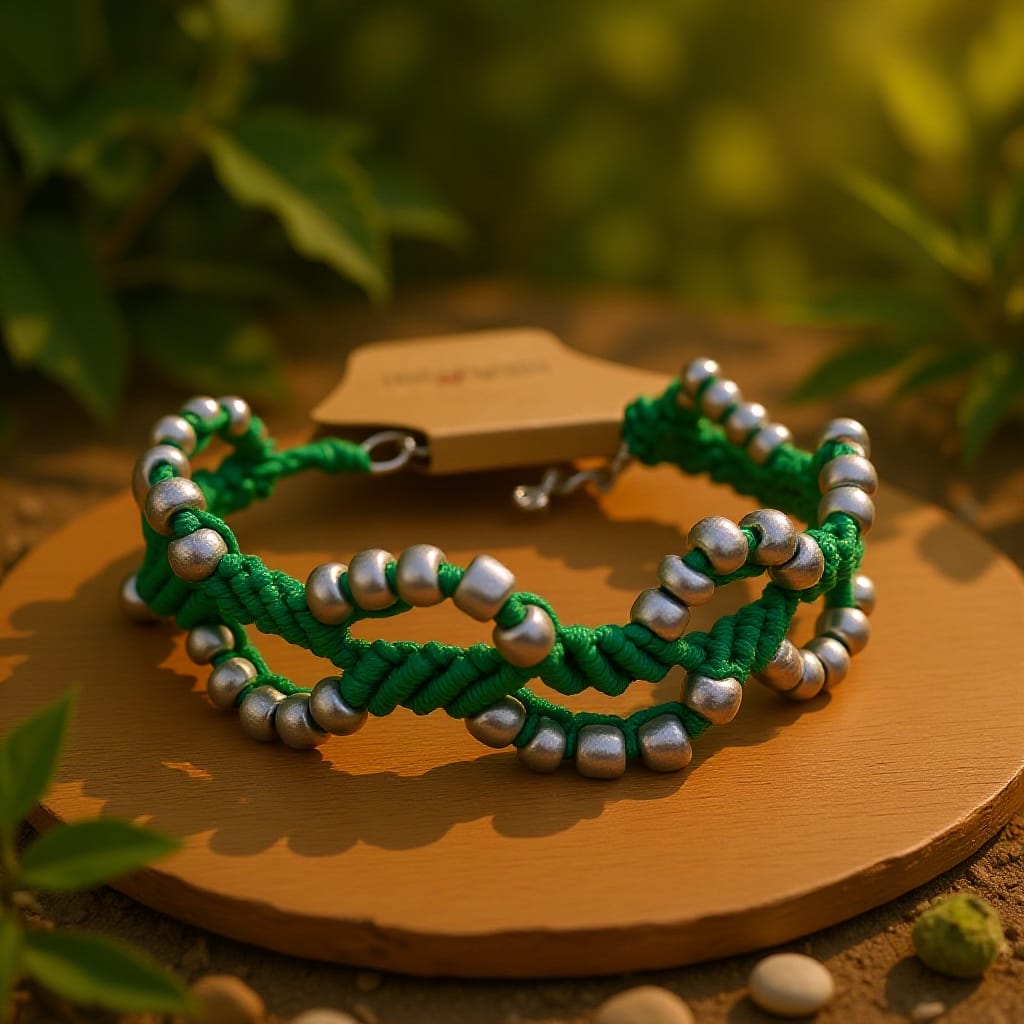 Green Macrame Bracelet with Silver Beads – Nature-Inspired Boho Chic