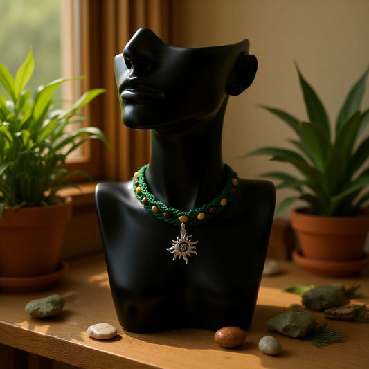 Boho Green Macramé Choker with Tiger's Eye gems and Sun Pendant – Handmade Festival Necklace