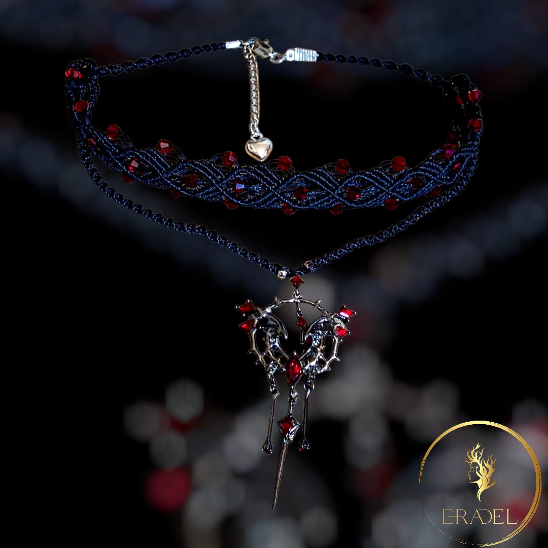 Gothic Romance Double-Layer Choker with Red Swarovski Crystal Beads & Baroque Pendant – Handmade Macrame Necklace | ERADEL Jewelry