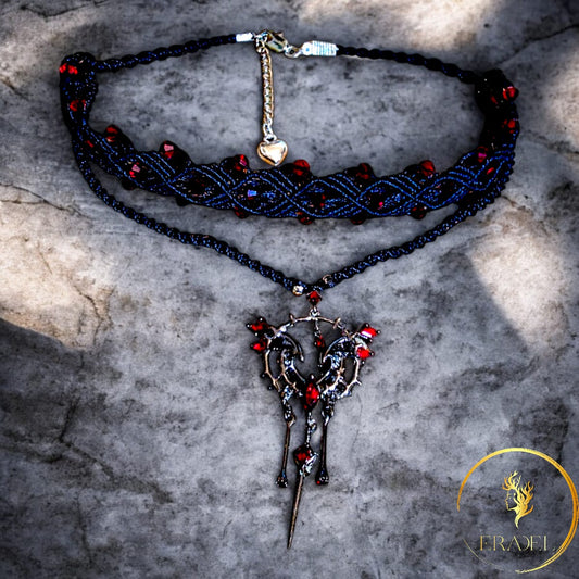 Gothic Romance Double-Layer Choker with Red Swarovski Crystal Beads & Baroque Pendant – Handmade Macrame Necklace | ERADEL Jewelry