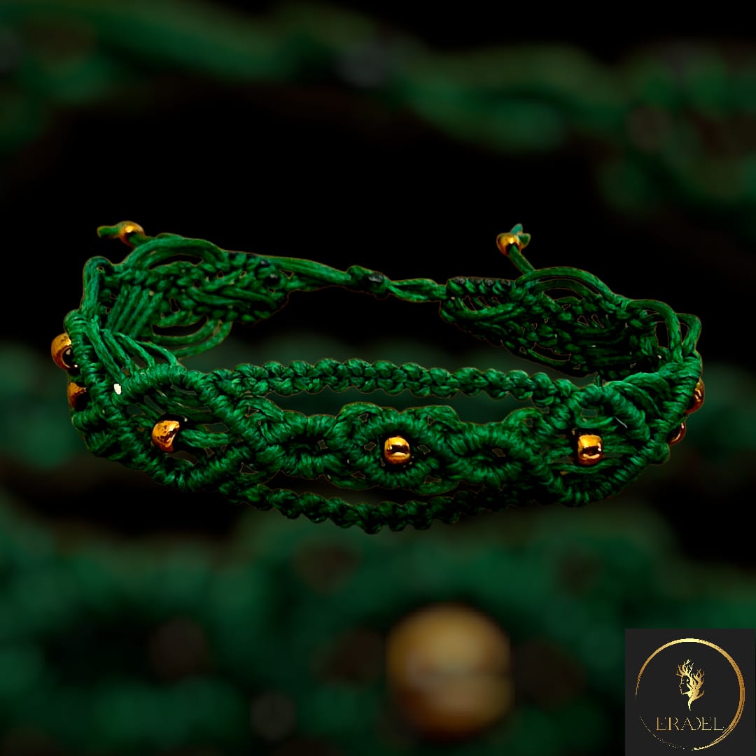 Emerald Macrame Bracelet with Gold-Tone Acrylic Beads – Adjustable Handwoven Boho Chic Jewelry