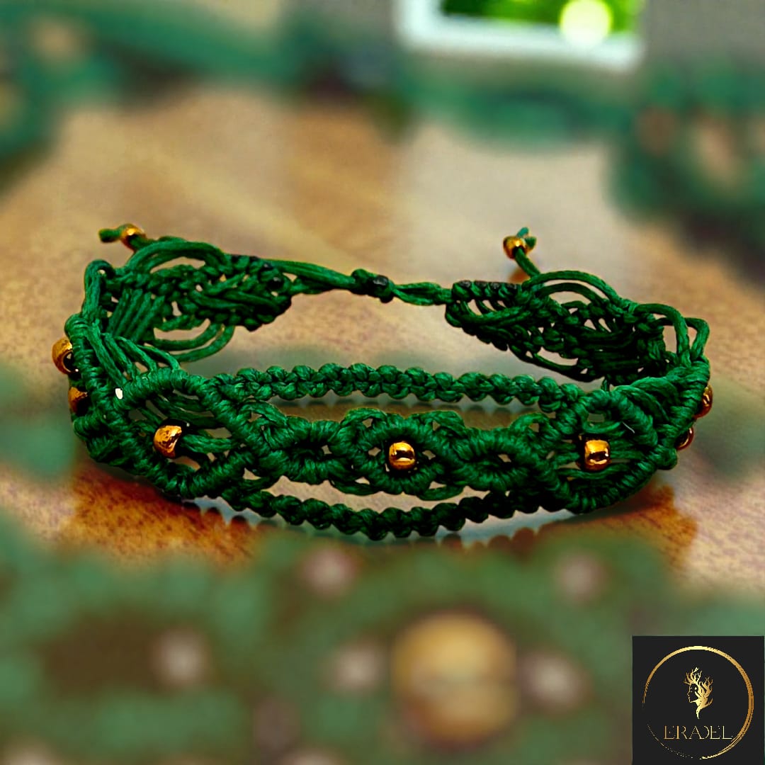 Emerald Macrame Bracelet with Gold-Tone Acrylic Beads – Adjustable Handwoven Boho Chic Jewelry