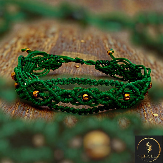 Emerald Macrame Bracelet with Gold-Tone Acrylic Beads – Adjustable Handwoven Boho Chic Jewelry