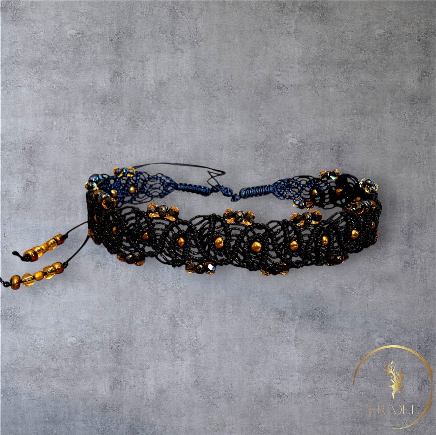 🖤 Black Lace Bracelet with Golden Faceted Beads – Handwoven Elegance