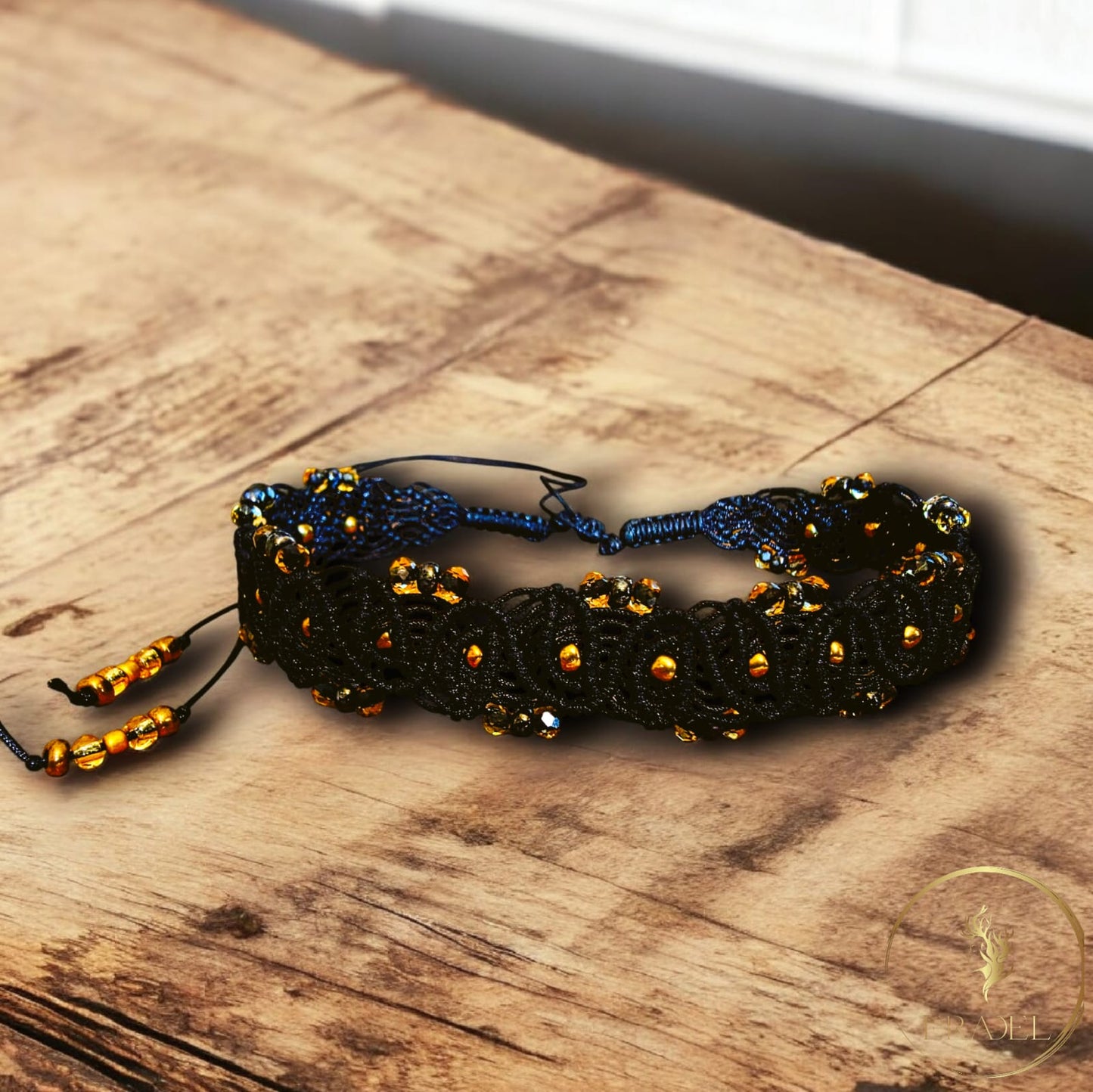 🖤 Black Lace Bracelet with Golden Faceted Beads – Handwoven Elegance