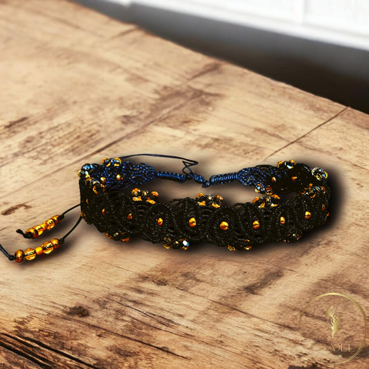 🖤 Black Lace Bracelet with Golden Faceted Beads – Handwoven Elegance