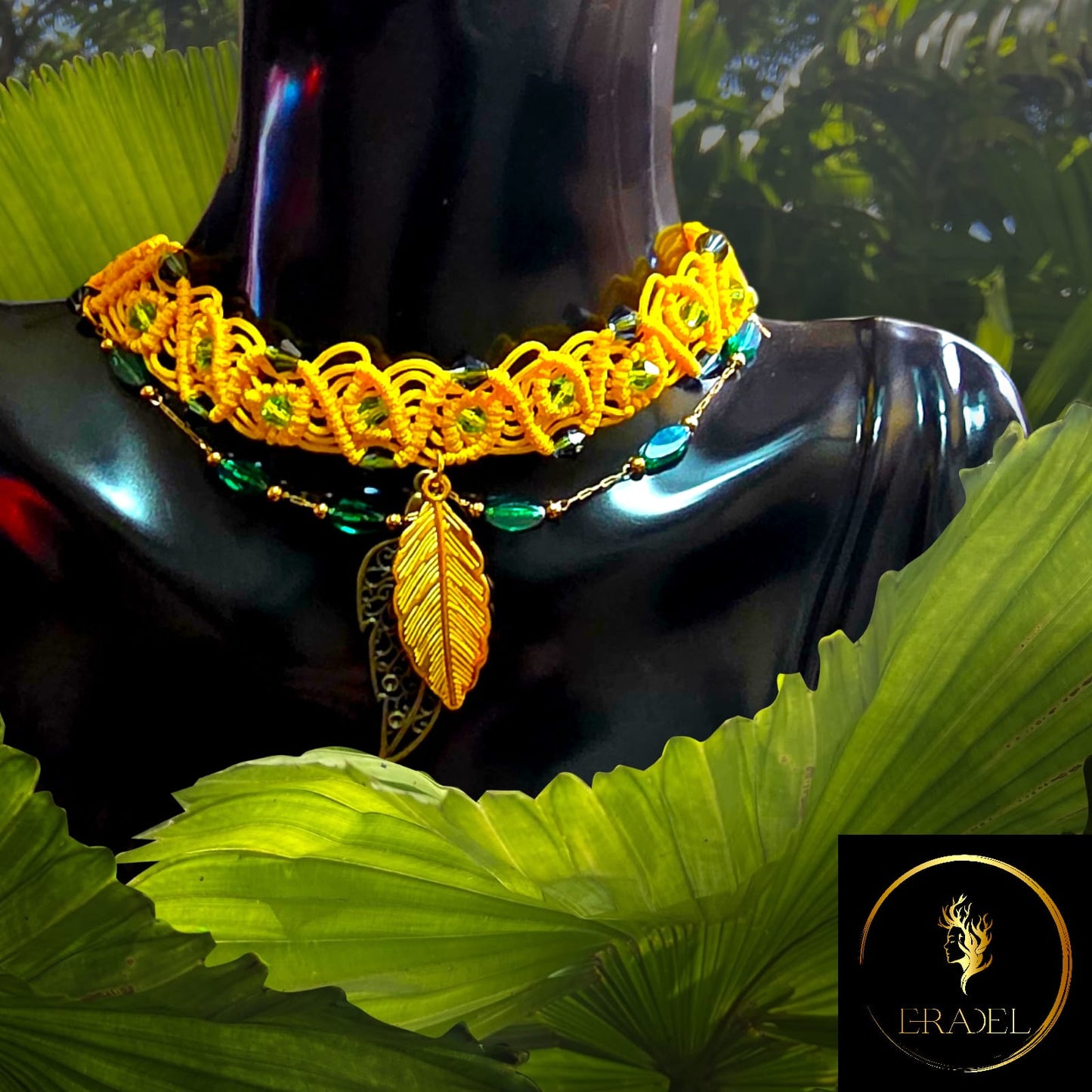 Golden Forest Whisper – Handmade Choker with Swarovski Crystals & Leaf Pendant