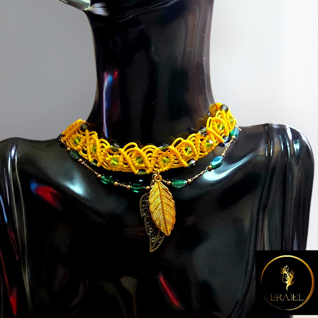 Golden Forest Whisper – Handmade Choker with Swarovski Crystals & Leaf Pendant