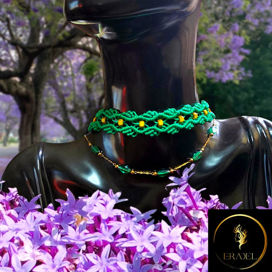 “Verdant Harmony” Handcrafted Macramé Choker with Yellow Accents & Emerald Glass Beads – Eradel Collection