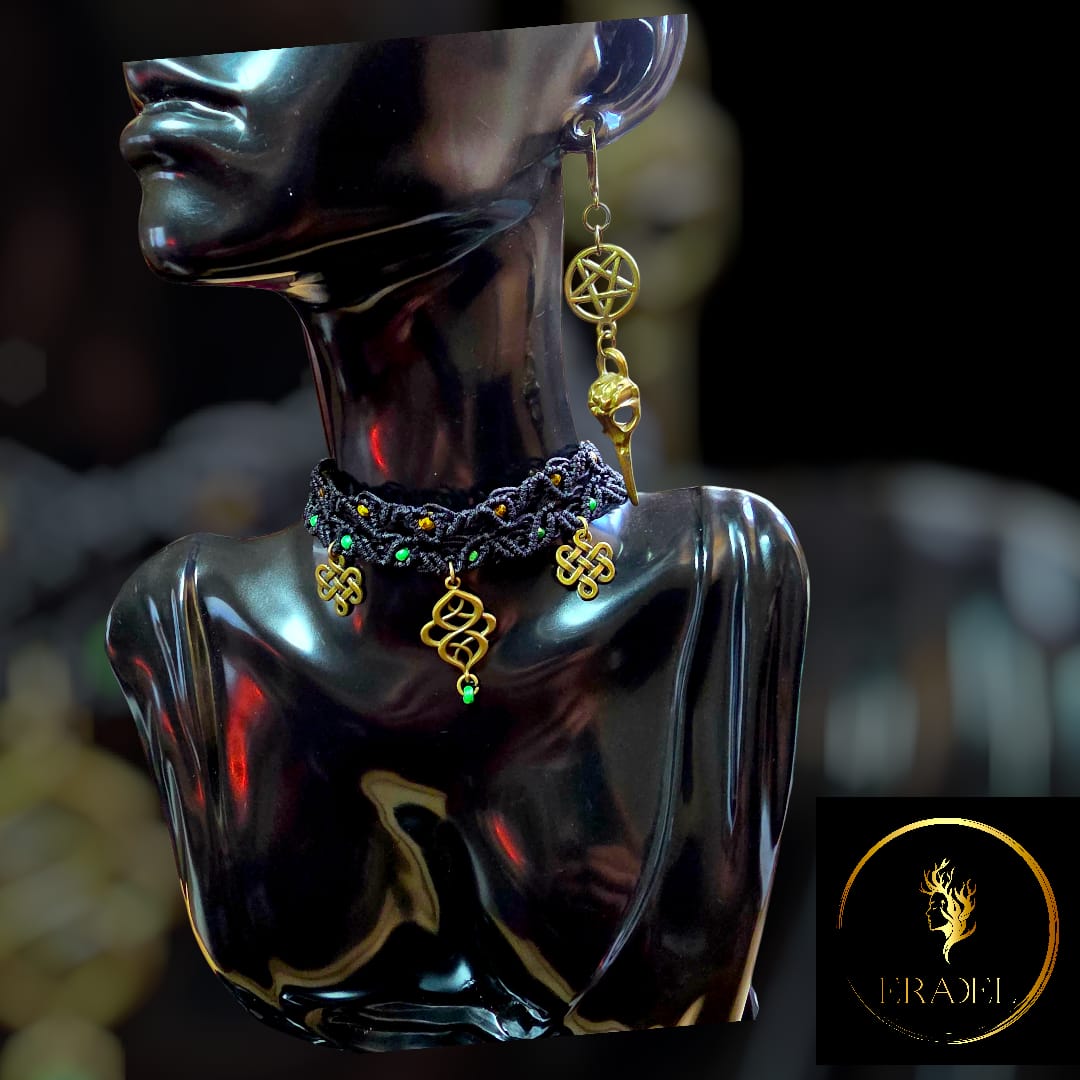 "Witch’s Knot Choker with Charm Earring | Black Macramé & Green Accents | Handmade Gothic Jewelry by ERADEL"