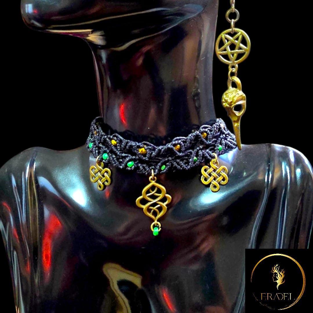 "Witch’s Knot Choker with Charm Earring | Black Macramé & Green Accents | Handmade Gothic Jewelry by ERADEL"