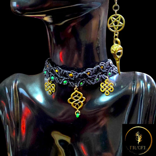 "Witch’s Knot Choker with Charm Earring | Black Macramé & Green Accents | Handmade Gothic Jewelry by ERADEL"