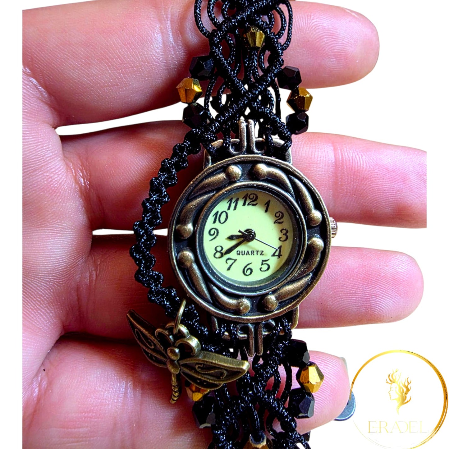 Gothic Dragonfly Lace Wristwatch – Handmade Black Macramé Bracelet Watch with Antique Bronze Charm & Crystal Beads