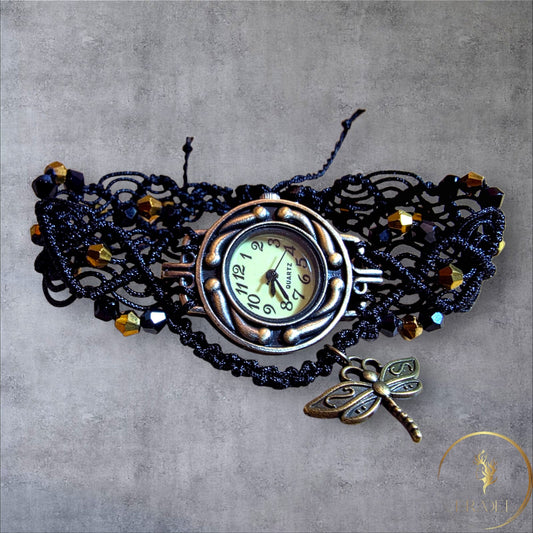 Gothic Dragonfly Lace Wristwatch – Handmade Black Macramé Bracelet Watch with Antique Bronze Charm & Crystal Beads
