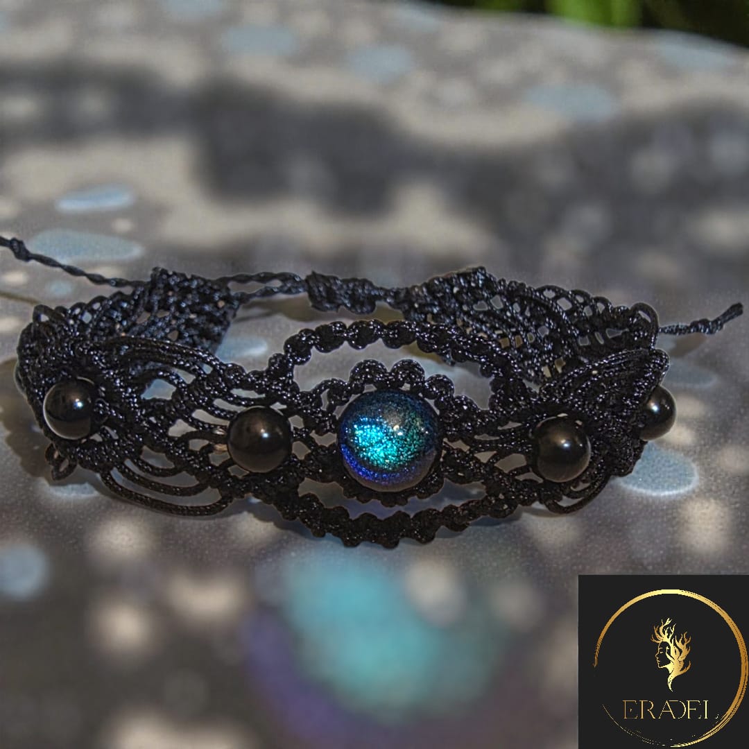 "Midnight Nebula" Handmade Micro-Macramé Bracelet with Iridescent Glass