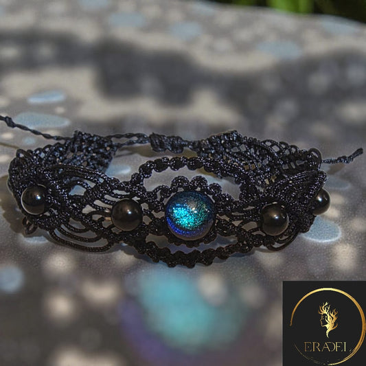 "Midnight Nebula" Handmade Micro-Macramé Bracelet with Iridescent Glass