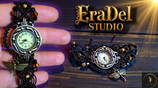 Handmade Gothic Macramé Wristwatch with Vintage Dragonfly Charm | Black Silk Cord & Crystal Beads | Adjustable Bracelet Watch for Women
