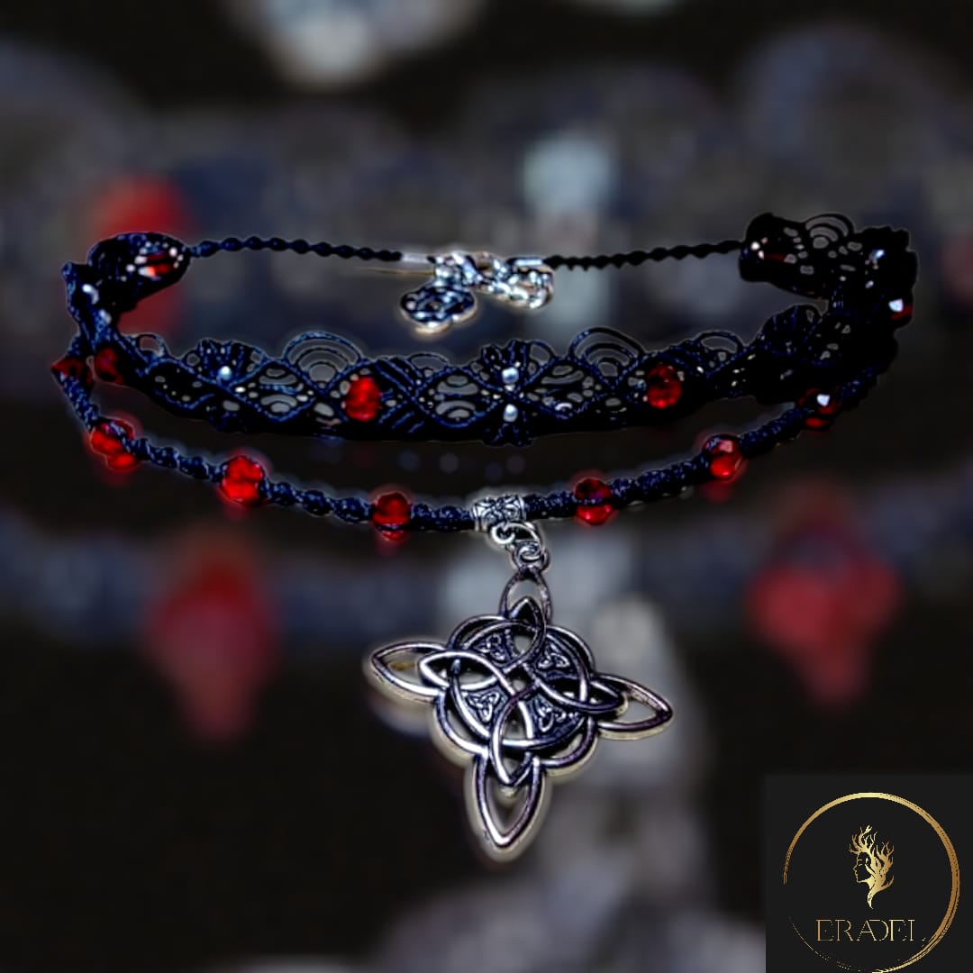 Celtic Knot Choker Necklace – Black Macrame with Red Crystal Beads | Handmade Gothic Jewelry